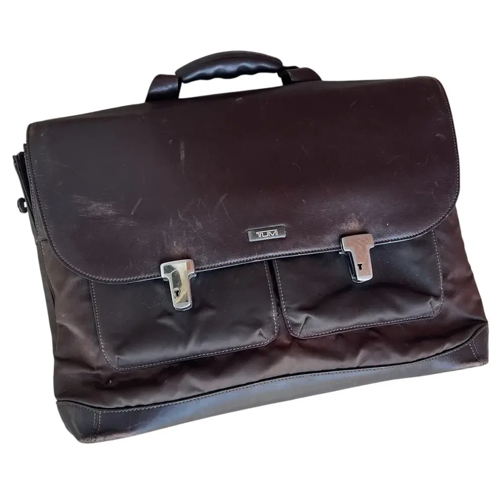 Tumi Formula T Leather Flap Laptop Briefcase Bag Missing Strap As-is